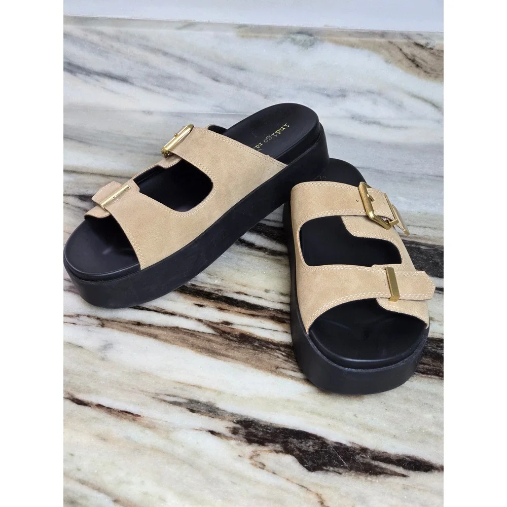 Indigo rd. Womens Tan Faux Suede Double Buckle Platform Slide Sandals Size 9.5 M